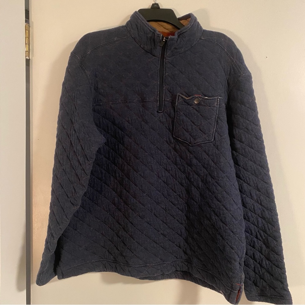 Eddie Bauer Quilted Sweater Men Sz L Blue Henley 1/4 Zip Pullover Outdoor Gorp